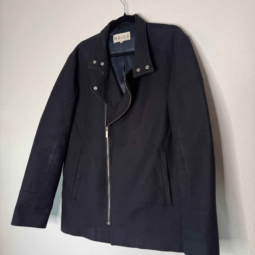 Reiss Jacket Moto Navy Asymmetrical Zip Silver Hardware Lined Collar Wear XL - Picture 2 of 10